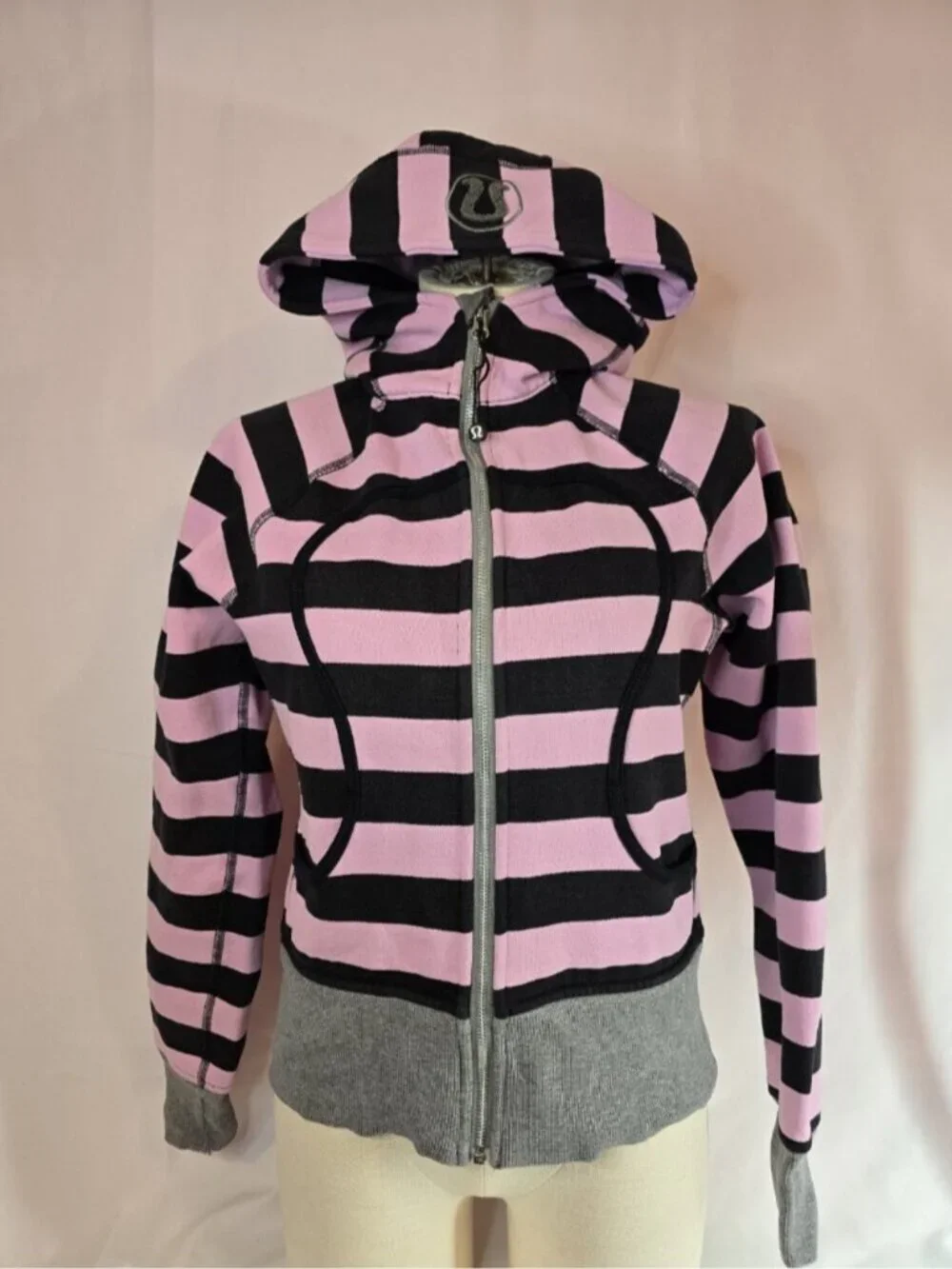 Lululemon RARE Scuba Hoodie OG Pink/Black Striped Size 6 Emo Princess Y2K